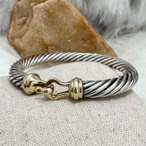David Yurman 7mm Hook & Buckle Cable Cuff Bracelet .925 14K Gold Sz S